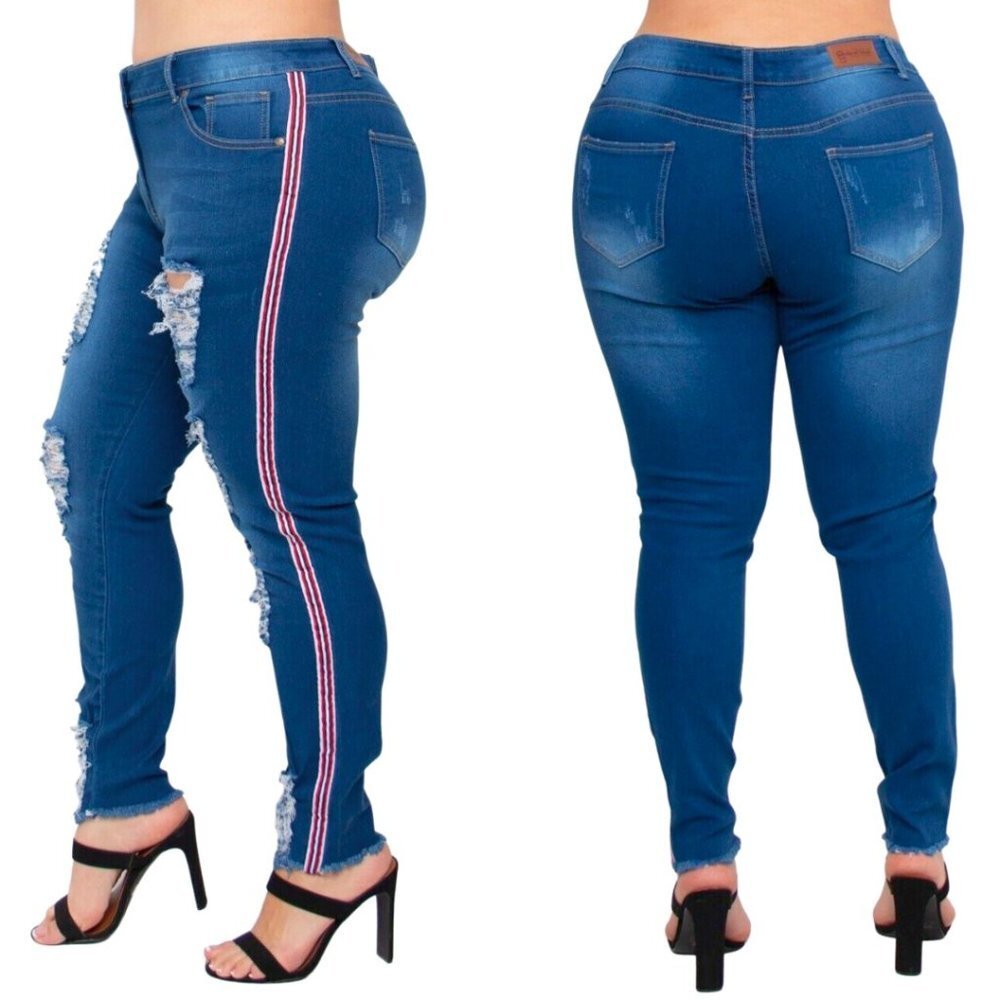 NWT Plus Size Distressed Ripped Blue Wash Mid Rise Jeans Pants Red Stripe